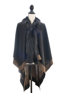 Two-Toned Reversible Wrap Trimmed with Silver Fox, Black/Brown