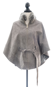 Zippered Suede Poncho with Detachable Sheared Rex Collar, One Size