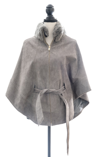 Zippered Suede Poncho with Detachable Sheared Rex Collar, One Size
