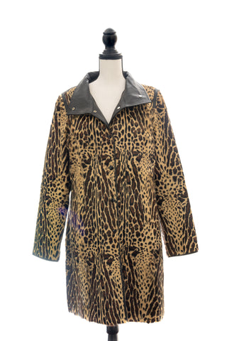 Animal Print Goat Hair Coat with Leather Trim & Collar