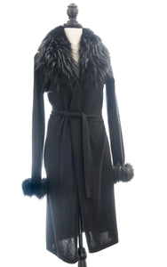 Black Cashmere Duster with Detachable Raccoon Belt