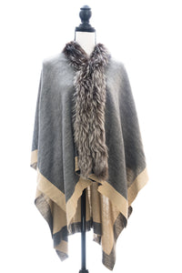 Two-Toned Reversible Wrap Trimmed with Silver Fox, Charcoal/Beige