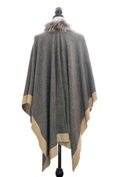Two-Toned Reversible Wrap Trimmed with Silver Fox, Charcoal/Beige